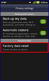 Android Privacy Settings, Factory Data Reset
